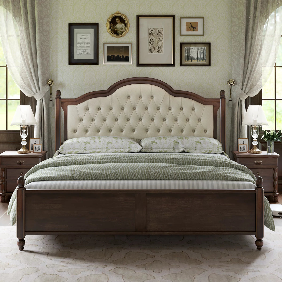 Queen Wood Bed Frame with Upholstered Headboard L36626