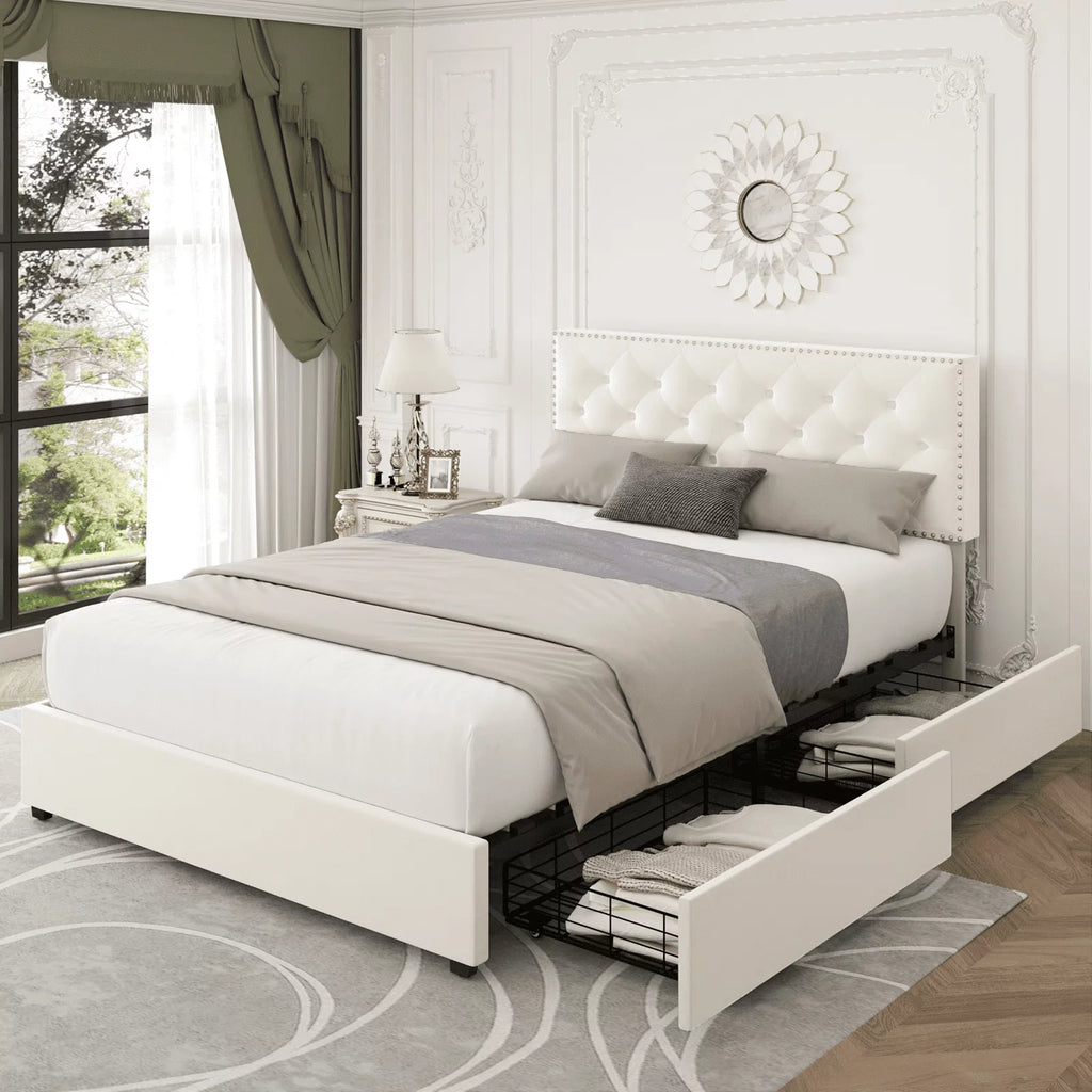 Queen Size Off-White Upholstered Storage Bed with 4 Drawers O608116
