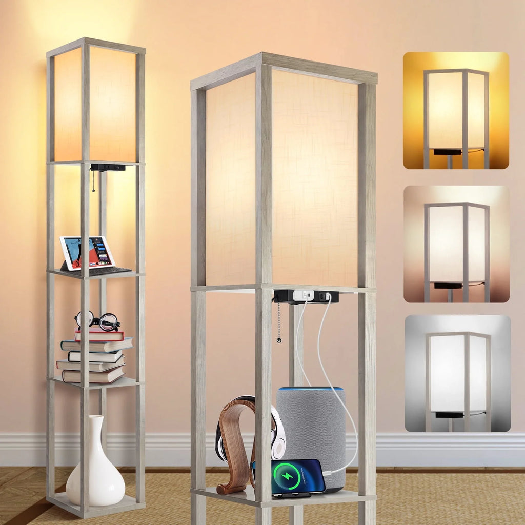 Floor Lamp with Shelves, USB Port, Linen Shade B67670
