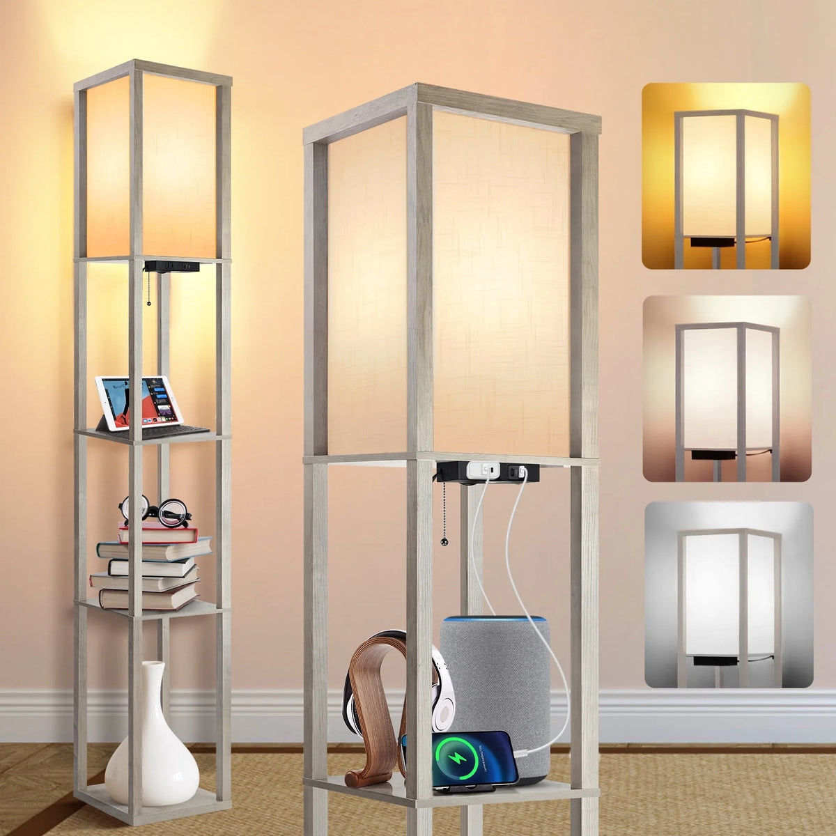 Floor Lamp with Shelves, USB Port, Linen Shade B67670