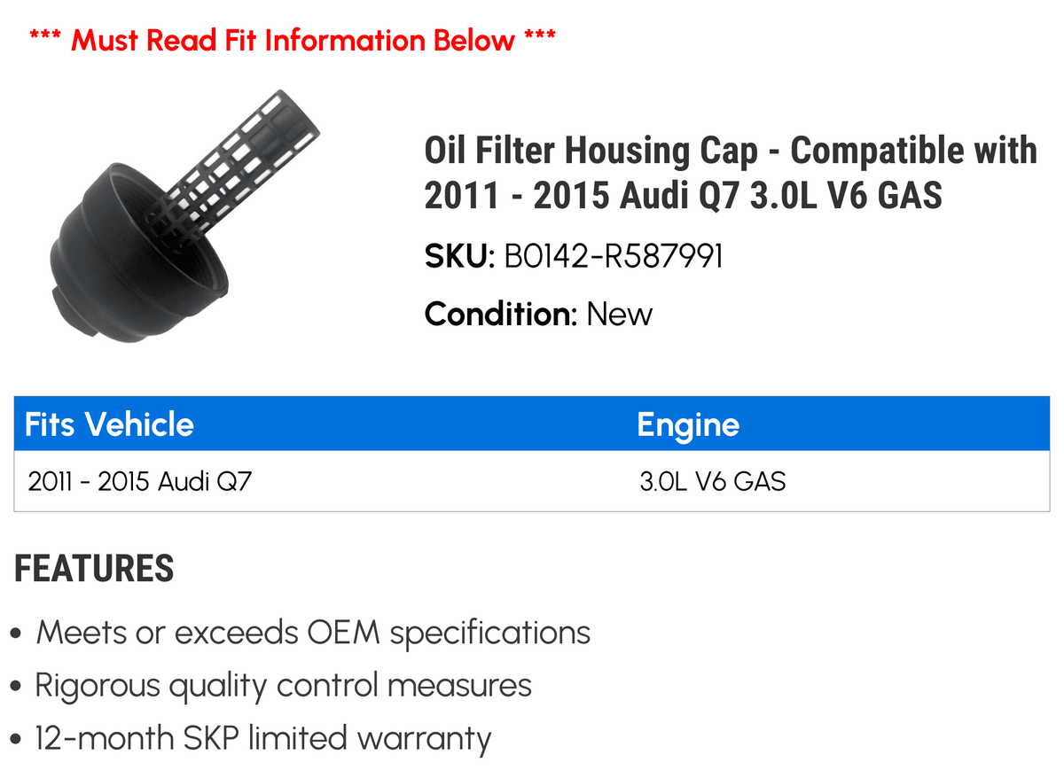 Filter Housing Cap for Audi Q7 3.0L V6 GAS R148