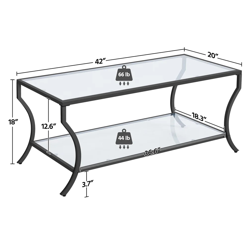 Black 2-tier Tempered Glass Coffee Table with Iron Frame J952978